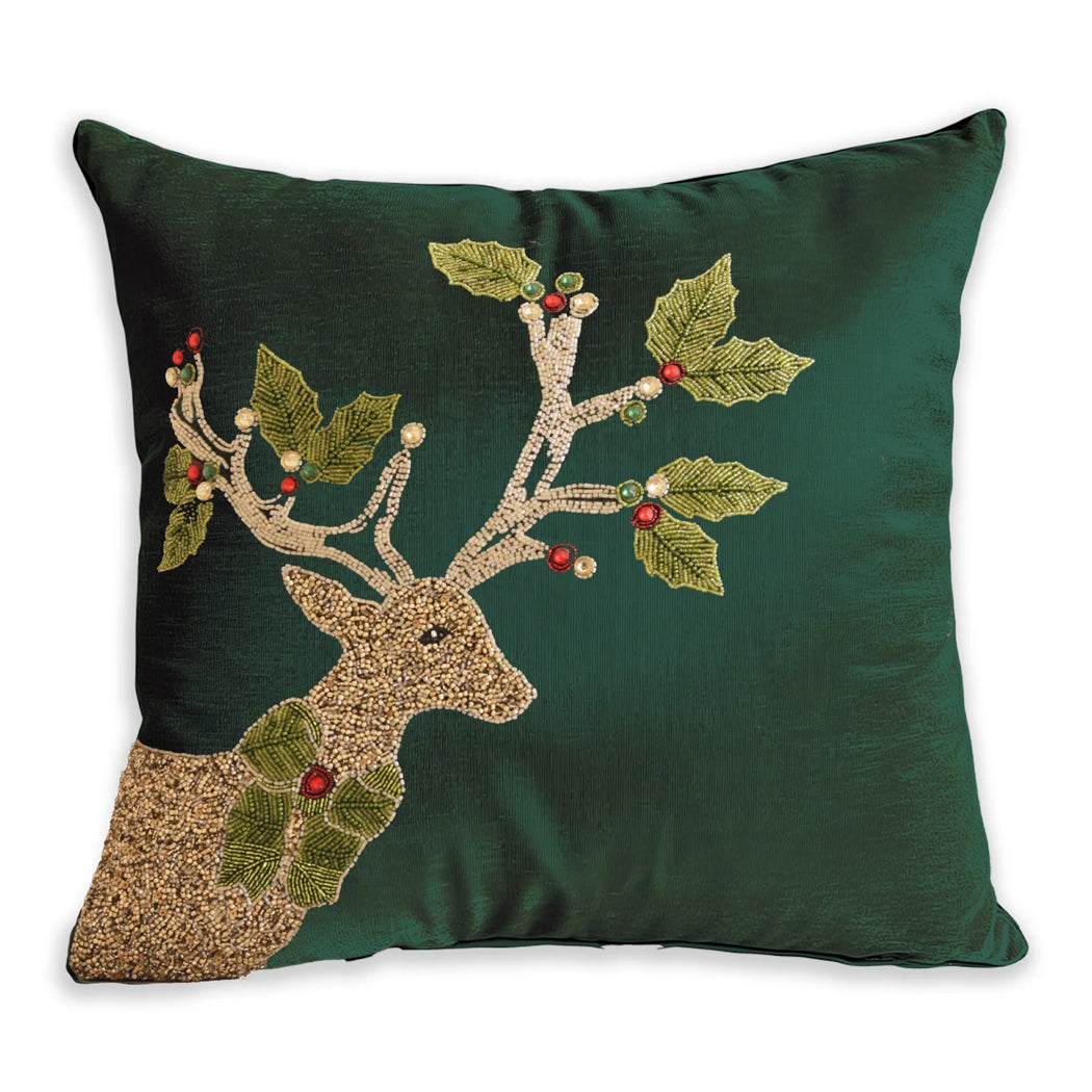 Reindeer with Holly Throw Pillow - Holiday