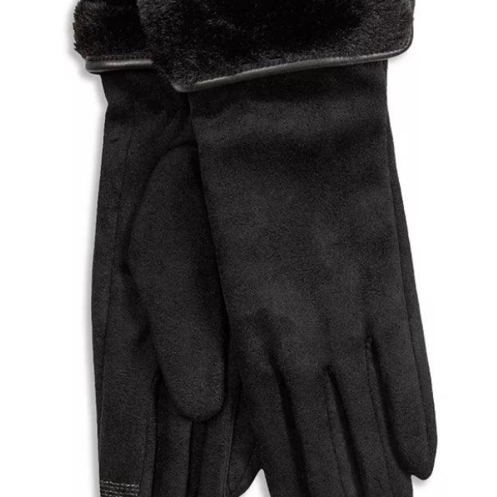 Stretch Suede Fold-up Faux Fur Cuff Gloves - Touchscreen