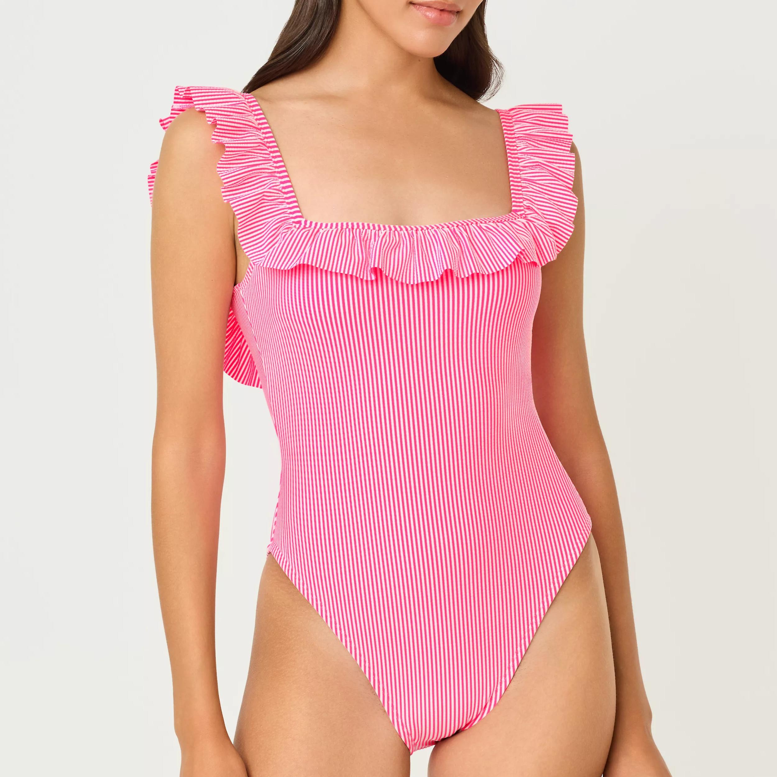 Cherry Blossom Pink Seersucker Stripe One Piece