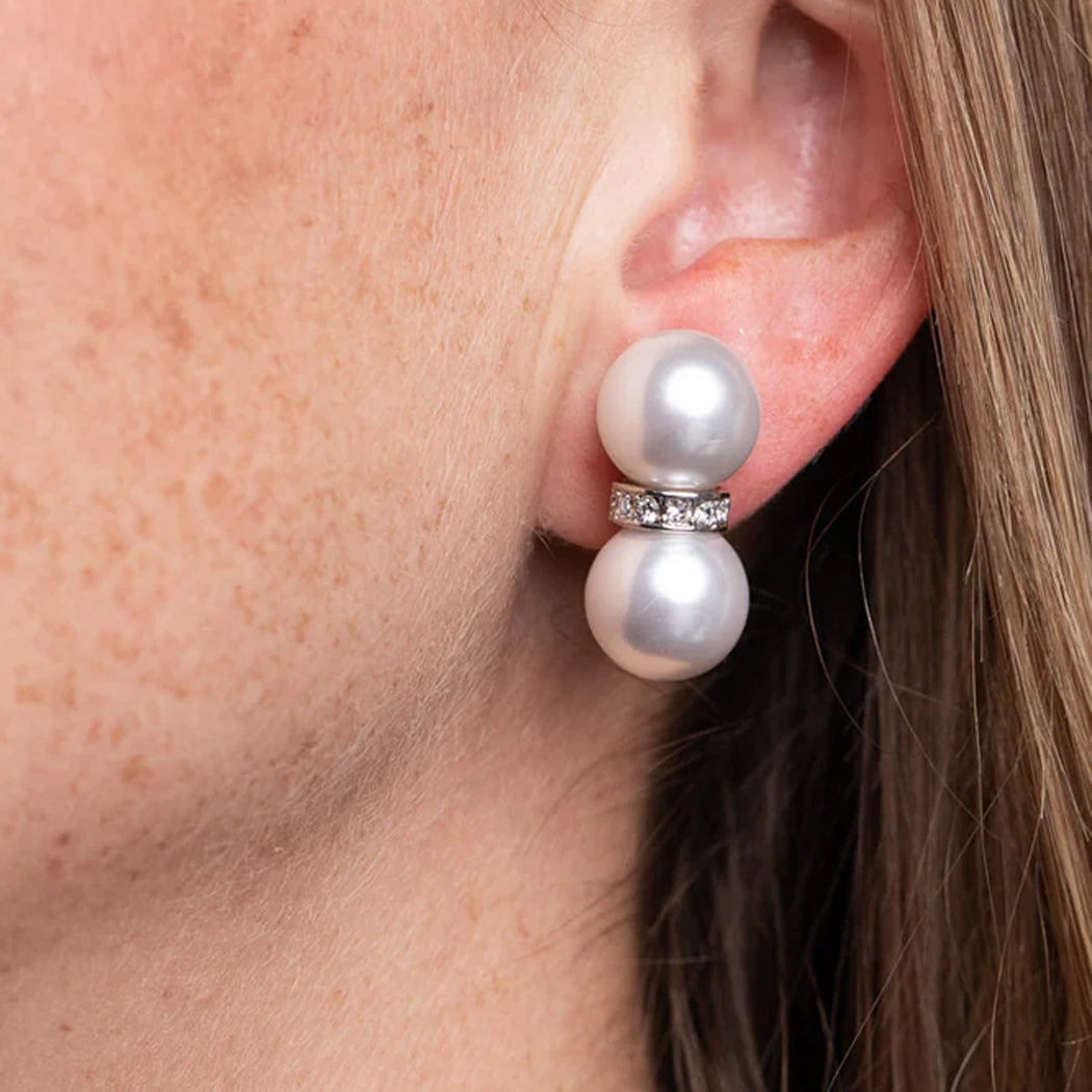 Double Pearl with Crystal Center Clip Earrings
